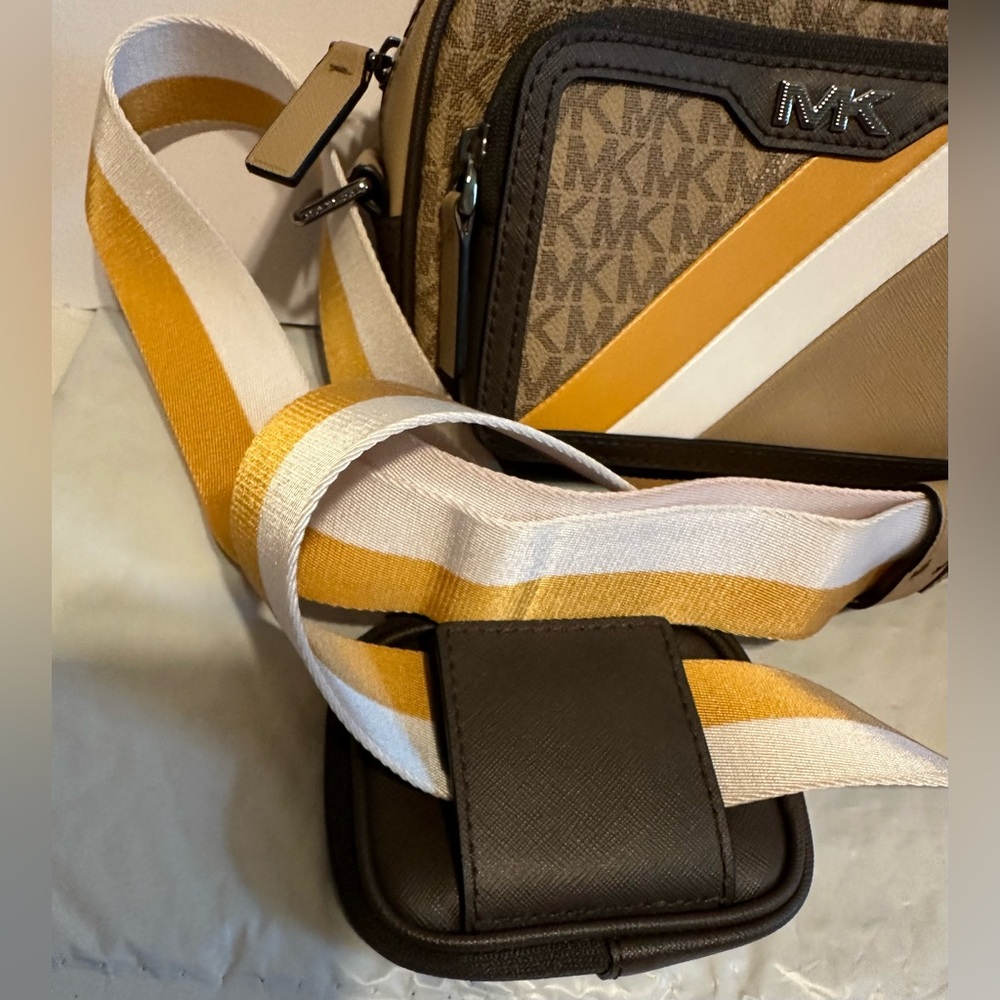 MICHAEL KORS RIVINGTON Striped Crossbody‎ Camera Bag W/ Pouch MK Brown Multi - Picture 3 of 8